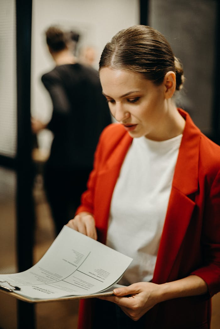 Focused woman in red blazer examining documents, symbolizing business concentration and professionalism.